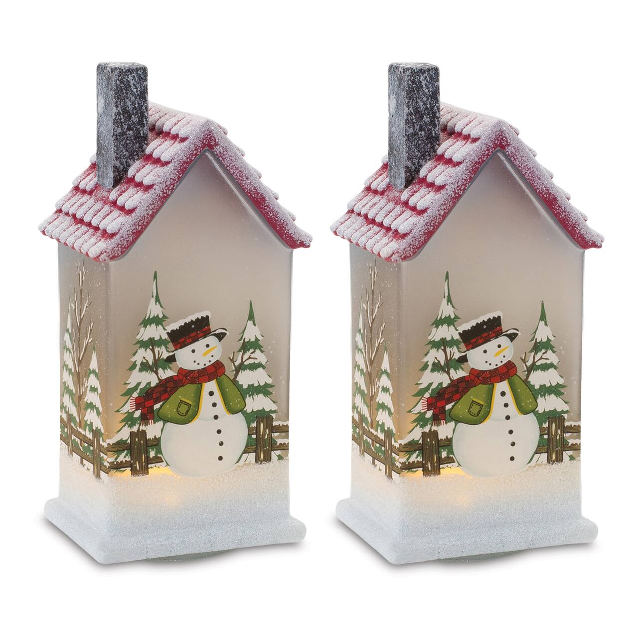 9" Frosted Glass Home with Snowman LED Tabletop Town Décor Set